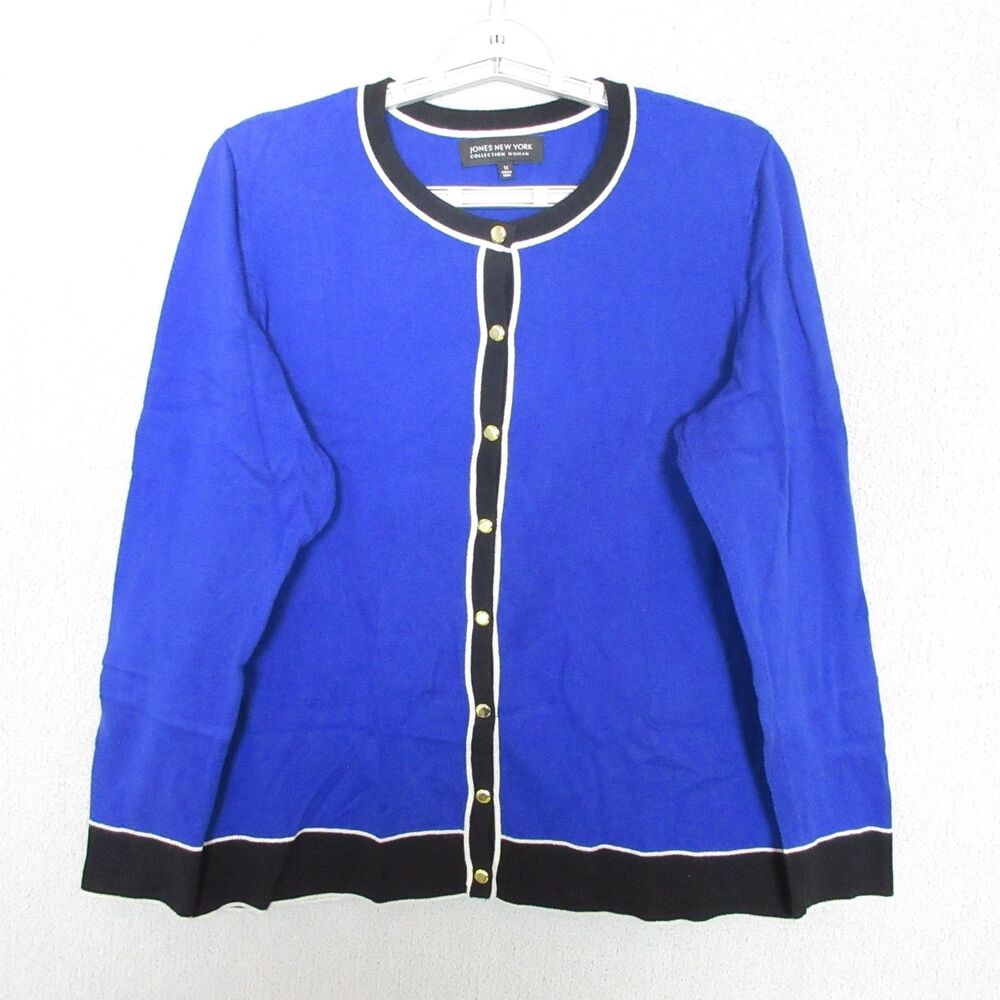Jones New York Cardigan Womens 1X Royal Blue Black Trim Gold Buttons Long Sleeve